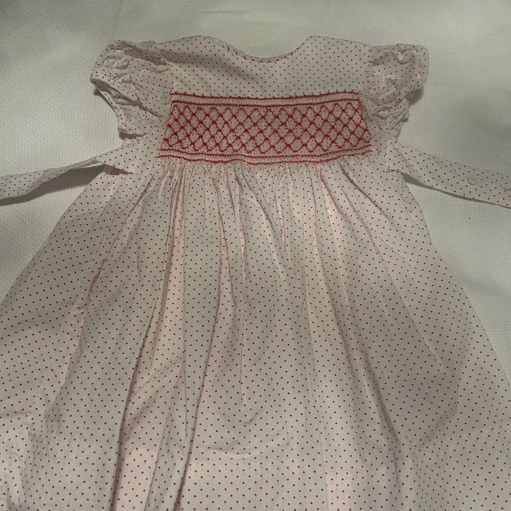 White Dress with Red Polka Dots and Smocking